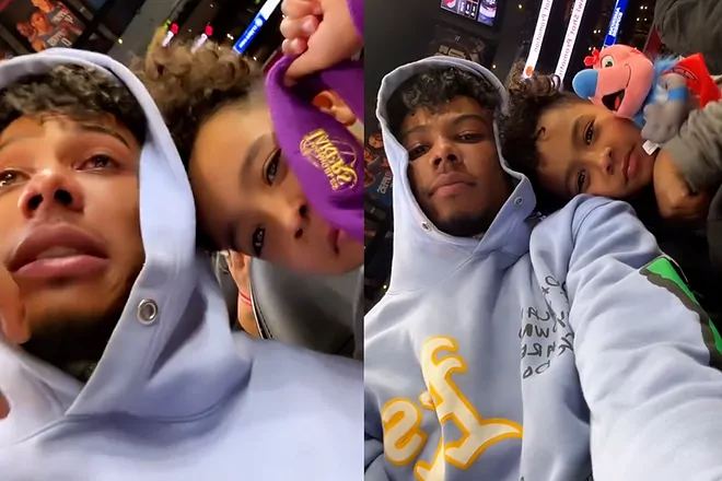 Image showing Rapper Blueface breaks down in tears at an NBA game with his son Javaughn